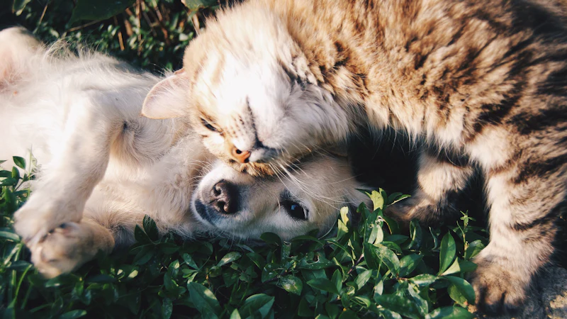 Tabby cat and black-and-white dog lying together in the grass